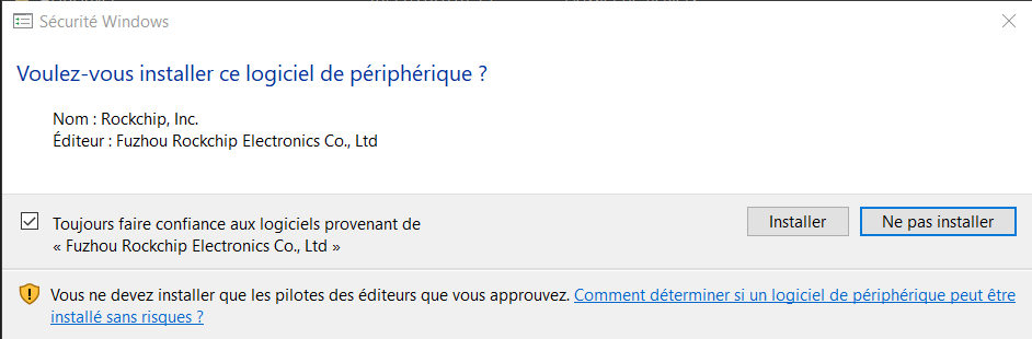 Confirmation installation du pilote